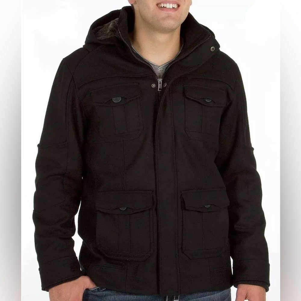 BKE Rider Pea Coat Black Hooded Wool Blend Jacket Men Athletic Fit size 3XL